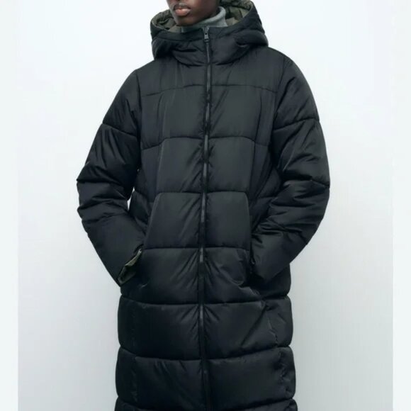 New Zara Long Reversible Puffer Anorak Black/Green Puffer Jacket Coat XS NWT - Picture 4 of 15